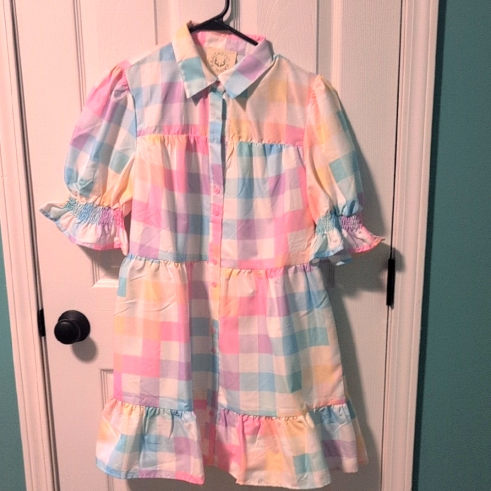 Pastel Plaid Button-Up Dress - Small